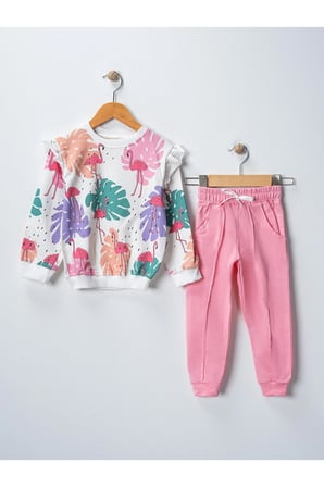Kız Çocuk Flamingo Baskılı Uzun Kollu Eşofman Sweatshırt Takım