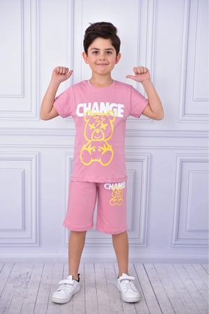 Unisex Change baskılı çocuk kısa kol yazlık beli lastikli cepli şort alt üst takım