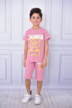Unisex Change baskılı çocuk kısa kol yazlık beli lastikli cepli şort alt üst takım