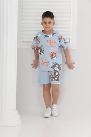 unisex tom&jery baskılı kısa kollu şortlu ikili takım