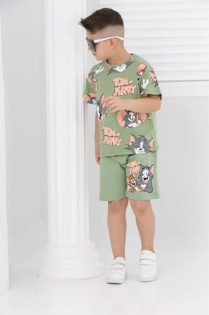 unisex tom&jery baskılı kısa kollu şortlu ikili takım