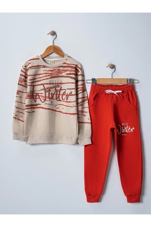 Hello Winter  Baskılı Uzun Kollu Lastikli Bel Cepli  Unisex Çocuk Alt Üst Takım