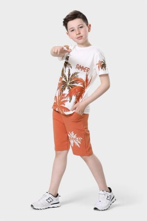Yazlık Çocuk Sümmer&tropical Baskılı Kısa Kollu Bisiklet Yaka T-shirt Şort Alt Üst Takım