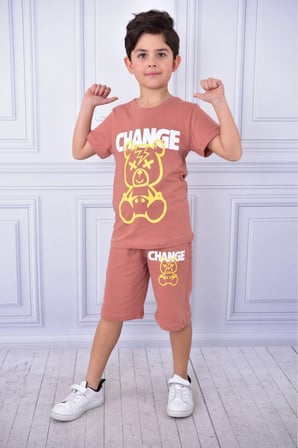 Unisex Change baskılı çocuk kısa kol yazlık beli lastikli cepli şort alt üst takım