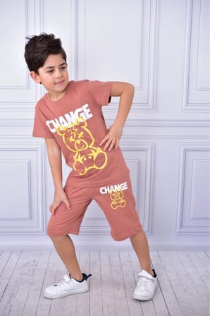 Unisex Change baskılı çocuk kısa kol yazlık beli lastikli cepli şort alt üst takım