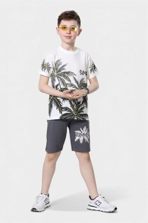 Yazlık Çocuk Sümmer&Tropical Baskılı Kısa Kollu Bisiklet Yaka T-shirt Şort Alt Üst Takım