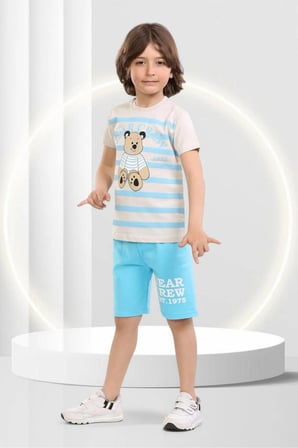 yazlık kısa kollu şortlu sevimli bear crew basklılı çocuk alt üst takım