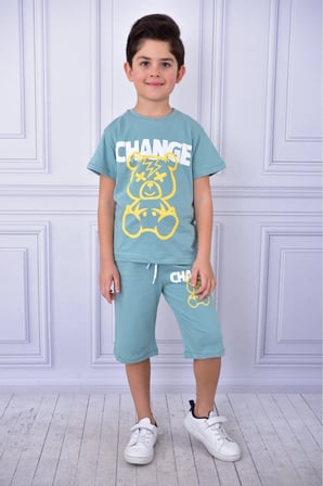 Unisex Change baskılı çocuk kısa kol yazlık beli lastikli cepli şort alt üst takım