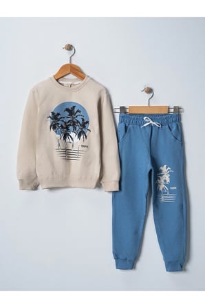 Tropical  Baskılı Uzun Kollu Lastikli Bel Cepli  Unisex Çocuk Alt Üst Takım