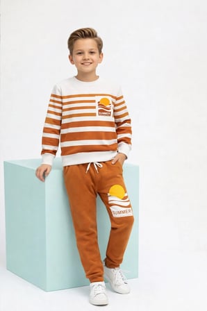 Summer Baskılı  Uzun Kollu Cepli  Unisex Çocuk Alt Üst Takım