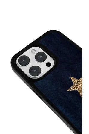 iPhone 13 Pro Uyumlu Desenli Parlak Tasarım Telefon Kılıfı - Lacivert Leopar Yıldız