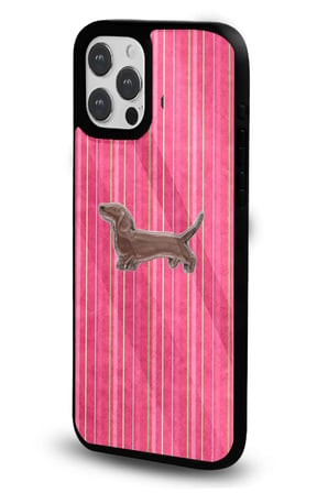iPhone 14 Pro Uyumlu Desenli Parlak Tasarım Telefon Kılıfı - Pembe Çizgili Sosis Köpek