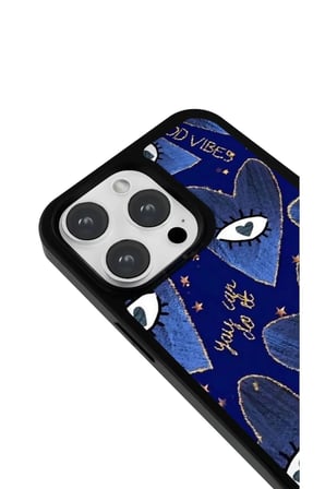 iPhone 14 Pro Max Uyumlu Desenli Parlak Tasarım Telefon Kılıfı - Lacivert Kalp Gözler