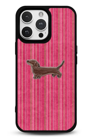 iPhone 17 Pro Uyumlu Desenli Parlak Tasarım Telefon Kılıfı - Pembe Çizgili Sosis Köpek