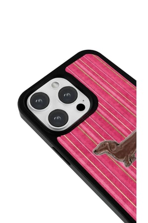 iPhone 17 Pro Uyumlu Desenli Parlak Tasarım Telefon Kılıfı - Pembe Çizgili Sosis Köpek