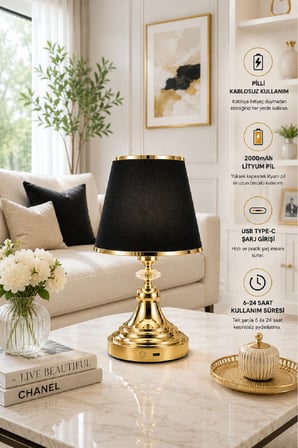 ŞARJ EDİLE BİLİR PİLLİ ABAJUR METAL AYAK KUMAŞ BAŞLIK 35 CM YÜKSEKLİK