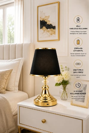 ŞARJ EDİLE BİLİR PİLLİ ABAJUR METAL AYAK KUMAŞ BAŞLIK 35 CM YÜKSEKLİK