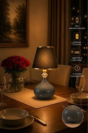 ANTRESİT RENK AYAKLI ŞARJ EDİLE BİLİRİ PİLLİ MODERN MASA LAMBASI ABAJUR