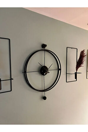 3'lü Set Siyah Versacem Time Elegante Set (60X80CM) , Modern Dekoratif Metal Duvar Saati
