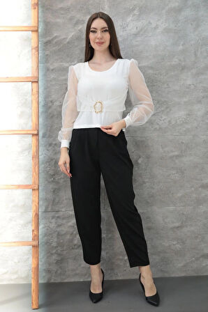 Tokalı tül kollu bluz beyaz t4071