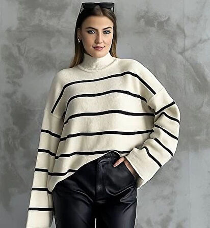 Çizgili ispanyol kol triko boğazlı kazak beyaz elf