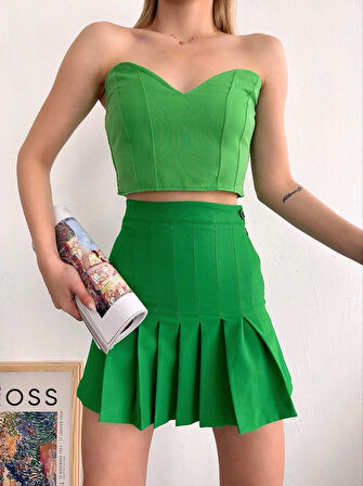 Pileli düğmeli etek açık yeşil s24811