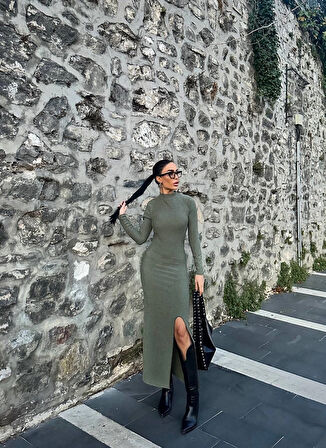 Yırtmaçlı kalın bürümcük uzun elbise Yeşil