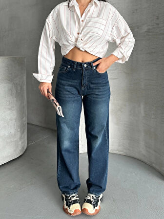 Palazzo bıyık enzim yıkama jeans pantolon koyu mavi d2008