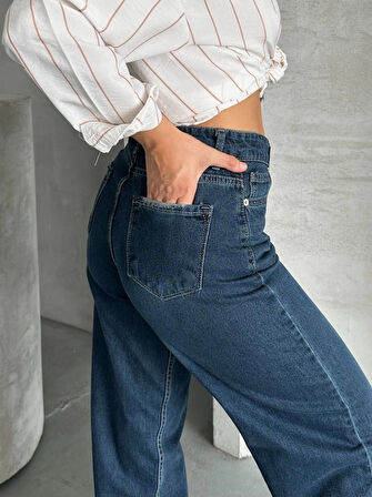 Palazzo bıyık enzim yıkama jeans pantolon koyu mavi d2008