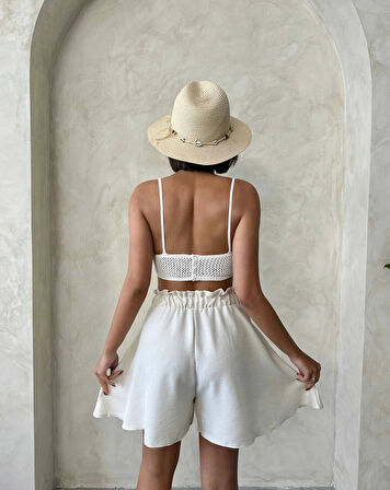 Volanlı keten şort bej s255058