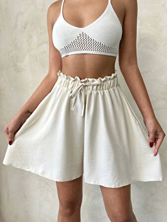 Volanlı keten şort bej s255058