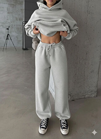 3 iplik şardonlu Lastik paça eşofman gri p510439