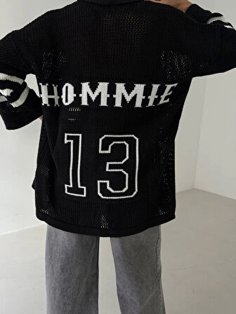 Büyük düğmeli salaş triko hırka siyahbeyaz