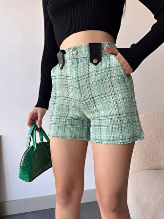 Çıtçıtlı siyah köprü tüvit şort yeşil