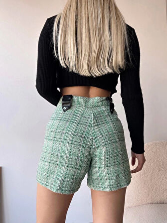 Çıtçıtlı siyah köprü tüvit şort yeşil