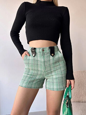 Çıtçıtlı siyah köprü tüvit şort yeşil