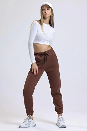 3 iplik şardonlu paça lastikli eşofman kahve is001