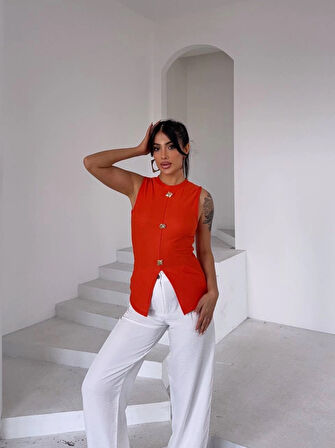 Kadın turuncu bisiklet yaka gold düğmeli ottoman bluz s2310