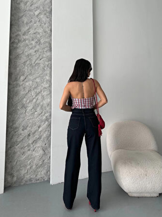 Palazzo süper taş enzim tint yıkama koyu lacivert jeans pantolon d2008