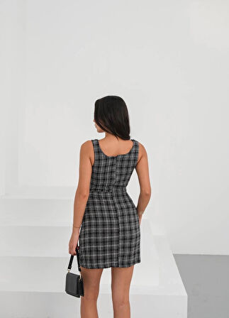 Askılı ch kumaş düğmeli elbise siyahbeyaz h265007