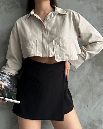 Poplin crop gömlek bej s3060