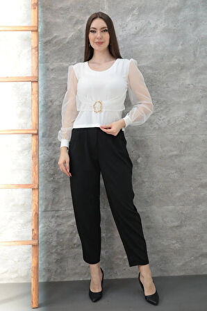 Tokalı tül kollu bluz beyaz t4071