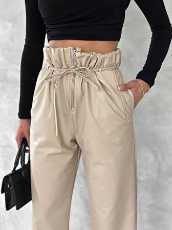 Kendinden ince kemerli deri pantolon bej t1178