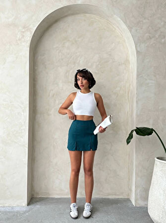 Çift yırtmaçlı atlas şort etek petrol yeşili s240364