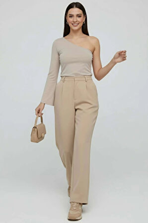 Tek Omuzlu Basic Bluz Vizon T4275