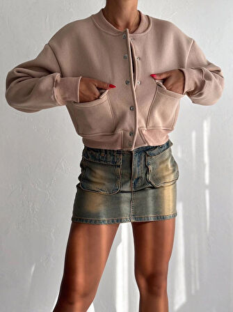 3 iplik şardonlu Önü çıtçıtlı cepli ceket bej f2226