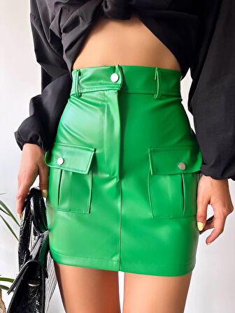 Önden iki cepli deri etek yeşil h240040