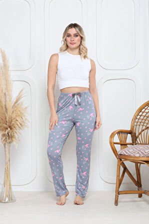Viskon likralı alt pijama gri üzerine pembe kelebek baskı desenli q6018