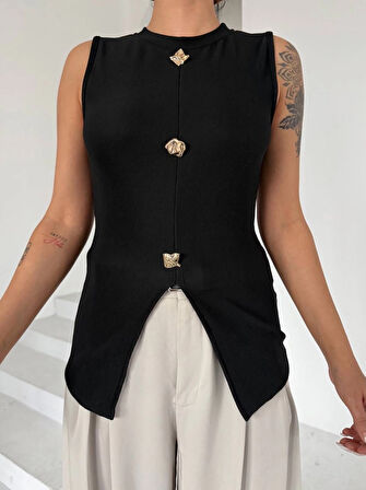 Kadın siyah bisiklet yaka gold düğmeli ottoman bluz s2310