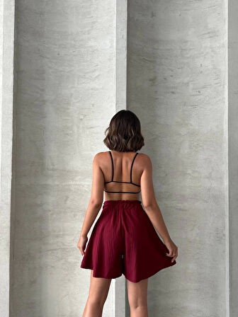 Volanlı keten şort bordo s255058